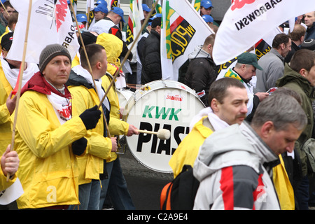 Les mineurs de charbon protester contre la privatisation de l'industrie charbonnière polonaise. Katowice, Pologne. Banque D'Images