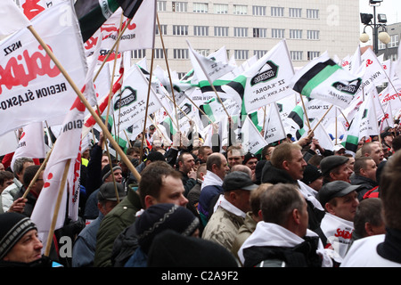 Les mineurs de charbon protester contre la privatisation de l'industrie charbonnière polonaise. Katowice, Pologne. Banque D'Images