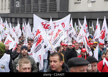 Les mineurs de charbon protester contre la privatisation de l'industrie charbonnière polonaise. Katowice, Pologne. Banque D'Images