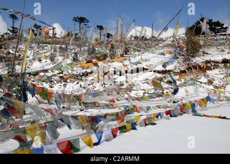 Les drapeaux de prières dans la neige au Col Thrumshingla, la frontière entre le centre et l'est du Bhoutan Banque D'Images