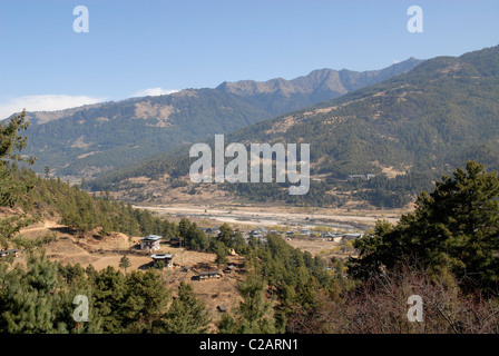 Vue depuis le Dzomg dans la vallée, Bumthang, Bhoutan Banque D'Images