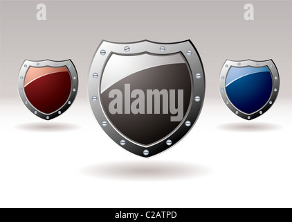 Collection de trois protections métalliques avec des centres de couleur pour le texte Banque D'Images
