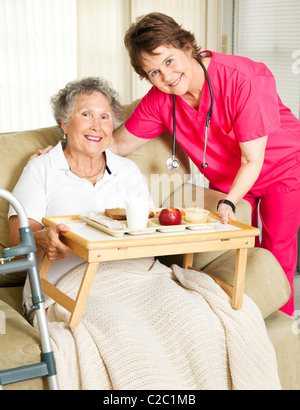 Infirmière de soins à domicile repas apporte-bound senior woman. Banque D'Images