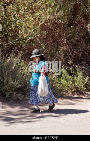 Vieille dame en vêtements traditionnels, San Pedro de Atacama, Chili, Amérique du Sud. Banque D'Images