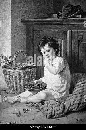 Enfant de manger les cerises, illustration historique, vers 1886 Banque D'Images