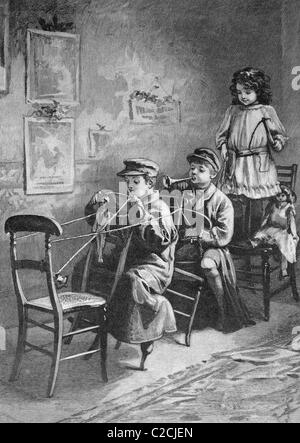 Enfants jouant post chaise, tableau historique, à propos de 1893 Banque D'Images