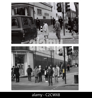 Passants , des agents de police et un fourgon de police à la jonction de Dorrell place et Brixton Road après l'émeute de Brixton Avril 1981 Banque D'Images