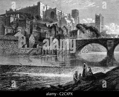 Château de Durham, la cathédrale et Framwellgate Bridge sur la rivière d'usure, l'Angleterre, l'illustration historique, 1884 Banque D'Images