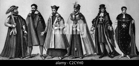 Histoire culturelle de l'ordre, de gauche à droite : l'habitude de la Toison d'or, laïque, clerc allemand chevaliers teutoniques, Chevalier de l'Ag Banque D'Images