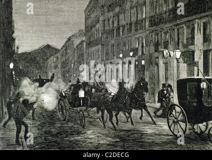 Attaque sur Isabelle II (1830-1904) et le roi François Ier d'Espagne (1822-1902). Madrid. L'Espagne. Gravure de 1872. Banque D'Images