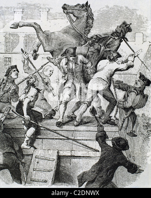 Guerre d'Indépendance américaine (1775-1783). Révolutionnaires américains renversant la statue du roi anglais George III. Banque D'Images