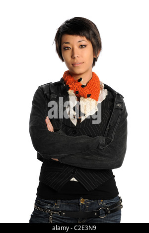 Portrait of young Asian American Woman with arms crossed isolé sur fond blanc Banque D'Images