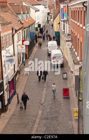 Un plan sur une rue pavée à Norwich , Norfolk , Angleterre , Angleterre , Royaume-Uni Banque D'Images