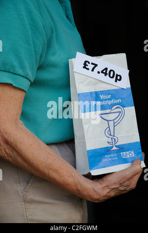 Female patient prescription NHS holding paquet qui a une charge de €7,40p par article Banque D'Images