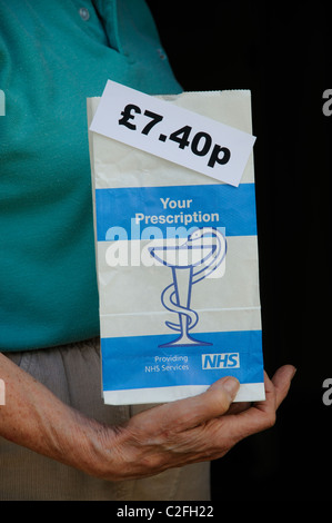 Female patient prescription NHS holding paquet qui a une charge de €7,40p par article Banque D'Images