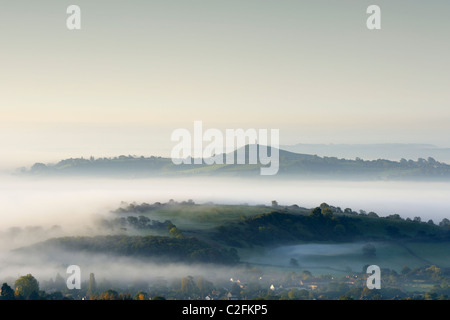 Mist rising dans le soleil du matin près de Glastonbury sur Somerset Levels. Banque D'Images