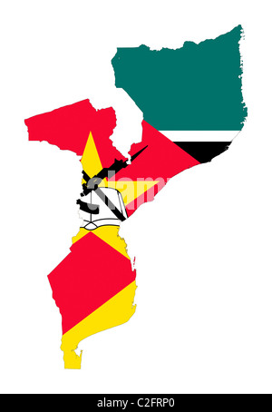 Illustration du Mozambique d'un drapeau sur la carte de pays ; isolé sur fond blanc. Banque D'Images