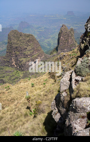 Vue sur les rochers de plaine de GI/TI dans les montagnes du Simien Gogo Banque D'Images