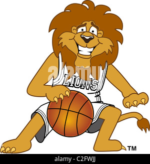 Lion Cartoon Mascot jouant au basket-ball Banque D'Images