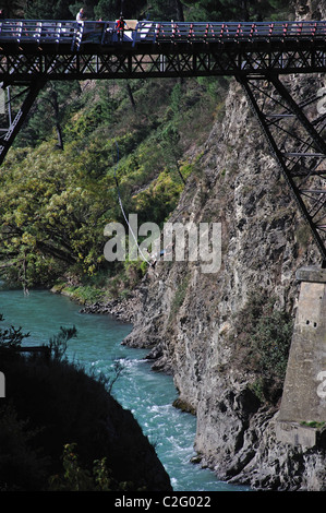 Bungy Jumping off Waiau Ferry Bridge over Waiau River, près de Canterbury, Hanmer Springs, North Island, New Zealand Banque D'Images