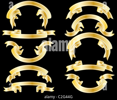 Ensemble de rubans rayés d'or sur fond noir Banque D'Images