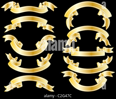 Ensemble de rubans rayés d'or sur fond noir Banque D'Images
