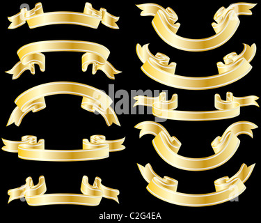 Ensemble de rubans rayés d'or sur fond noir Banque D'Images