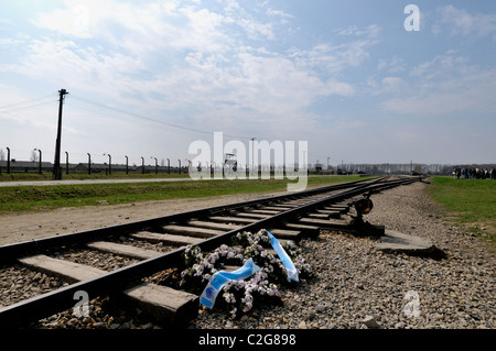 Ligne de chemin de fer de l'entrée principale de chambres à gaz et les fours crématoires à Auschwitz II- Birkenau en Pologne Banque D'Images