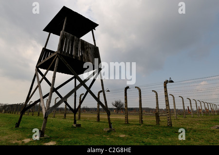 Watch Tower et les barbelés des clôtures électriques divisant section différente du camp de concentration d'Auschwitz - Birkenau Banque D'Images