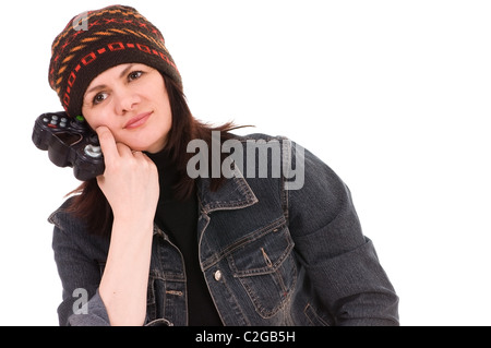 Femme avec joystick gamer isolé sur fond blanc Banque D'Images