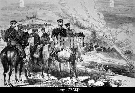 Le prince Alexandre de Bulgarie pendant la bataille d'Sliwniza, Bulgarie, 1885, illustration historique, vers 1886 Banque D'Images