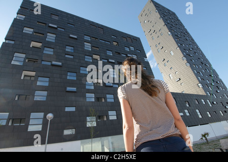 132 Bloc de logements sociaux par Estudio Entresitio, situé dans la région de Vallecas, Madrid, Espagne Banque D'Images