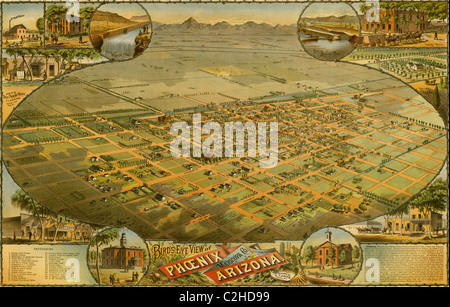 Birds eye view map de Phoenix, Arizona 1885 Banque D'Images