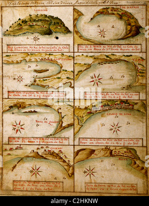 Ports & île sur la côte du Pérou et Chili - 1630 - Carte portugaise Banque D'Images