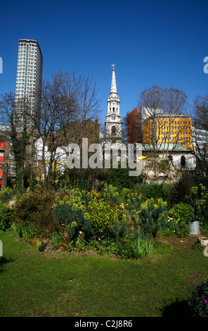 La vue du jardin de la Phoenix Centre Point et St Giles church, St Giles, Londres, Royaume-Uni Banque D'Images