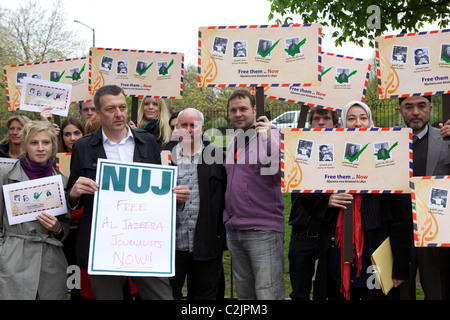 Protestation d'Aljazeera NUJ libre l'équipage en Libye Banque D'Images