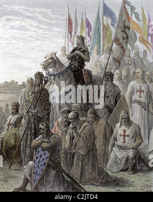 Richard Ier d'angleterre , connu sous le nom de Richard Coeur de Lion (1157-1199). Les forces des croisés prier avant d'aller au combat. Dore. Banque D'Images