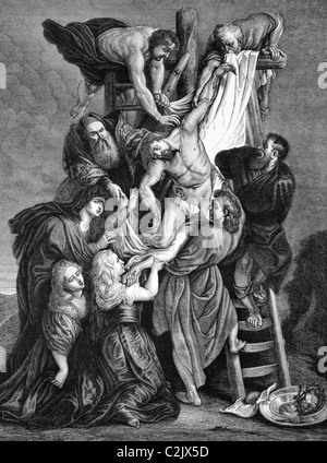 La descente de Jésus de la croix sur gravure de 1840. Gravé D'après une peinture de Rubens. Banque D'Images