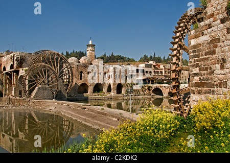 Moulin à eau Hama Noria 20 mètres de haut Oronte construire en Syrie mamelouk Ottoman fois grecs romains ont inventé la roue de l'eau Banque D'Images