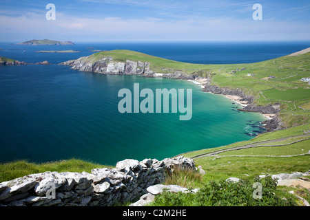 Vue sur la baie de Coumeenoole et Slea Head vers les îles Blasket, péninsule de Dingle, comté de Kerry, Irlande.
