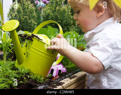 Un enfant de 2 ans avec jardinage arrosoir Banque D'Images