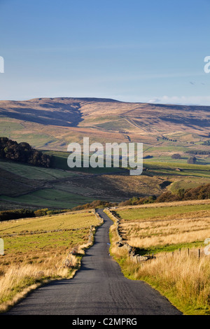 Vide longue route rurale à travers un paysage d'automne vers la lande Hills dans le Yorkshire, England, UK Banque D'Images
