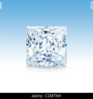 Diamant taille princesse isolé sur fond dégradé bleu, avec réflexion partielle et clipping path Banque D'Images