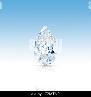 Diamant taille poire isolé sur fond dégradé bleu, avec réflexion partielle et clipping path Banque D'Images