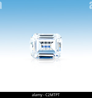 Diamant taille émeraude isolé sur fond dégradé bleu, avec réflexion partielle et clipping path Banque D'Images