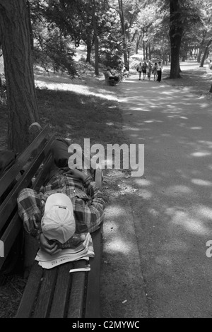 Man sleeping on banc dans Central Park à New York Banque D'Images