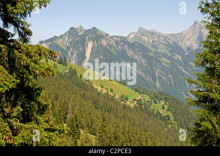 Paysage alpin suisse, avec le village de Sulwald dans la vallée et sur la Schynige Platte ridge. Banque D'Images