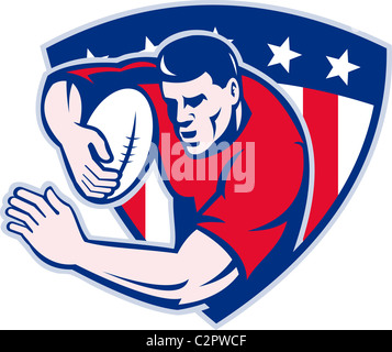 Illustration d'un joueur de rugby américain parant avec stars and stripes shield isolated on white Banque D'Images