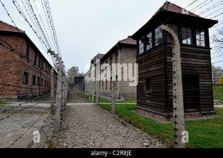 Barbelés - Clôtures électriques et Watch Tower divisant différentes sections de camp de concentration d'Oswiecim -Auschwitz Banque D'Images