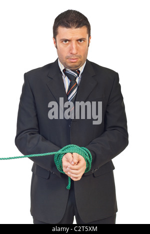 L'homme d'affaires nerveux avec les mains liées à la caméra à isolé sur fond blanc Banque D'Images